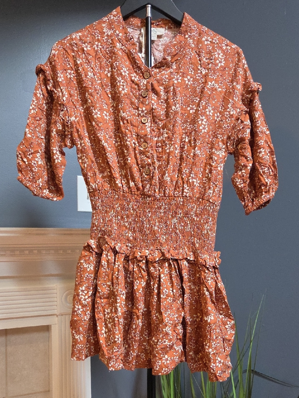 Jessica Simpson Rust Floral Smocked Waist Casual Dress